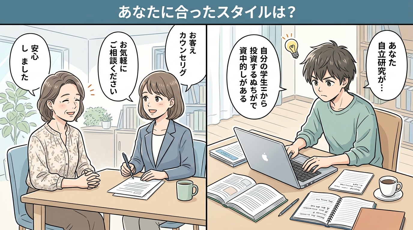 利用者一人ひとりの状況に合わせた介護施設選びのスタイルを案内する相談窓口のイメージ