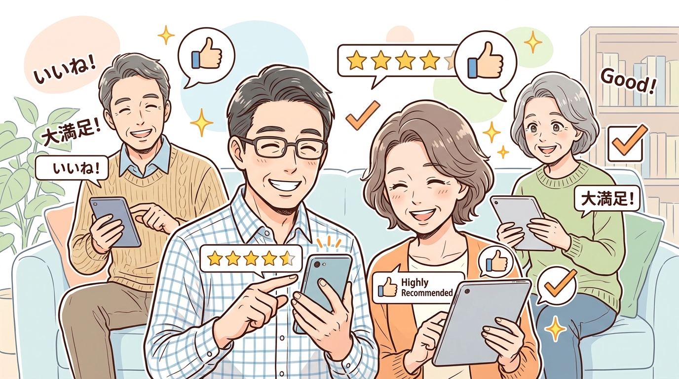 利用者満足度91%を誇る、口コミ・評判が大変良い「いい介護」のイメージイラスト