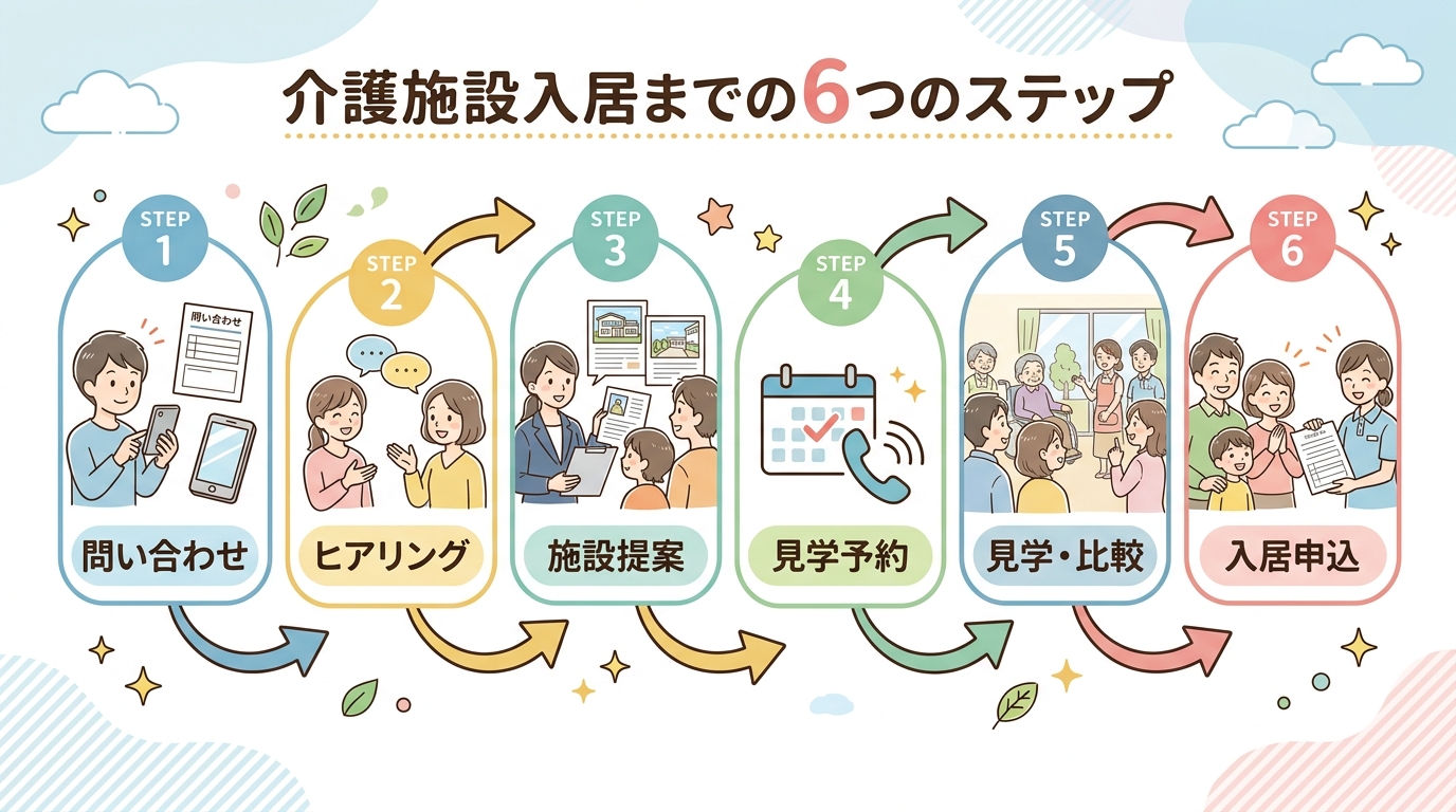 「いい介護」の問い合わせから入居までのステップ（問い合わせ、ヒアリング、候補提案、見学予約、見学、契約・入居）