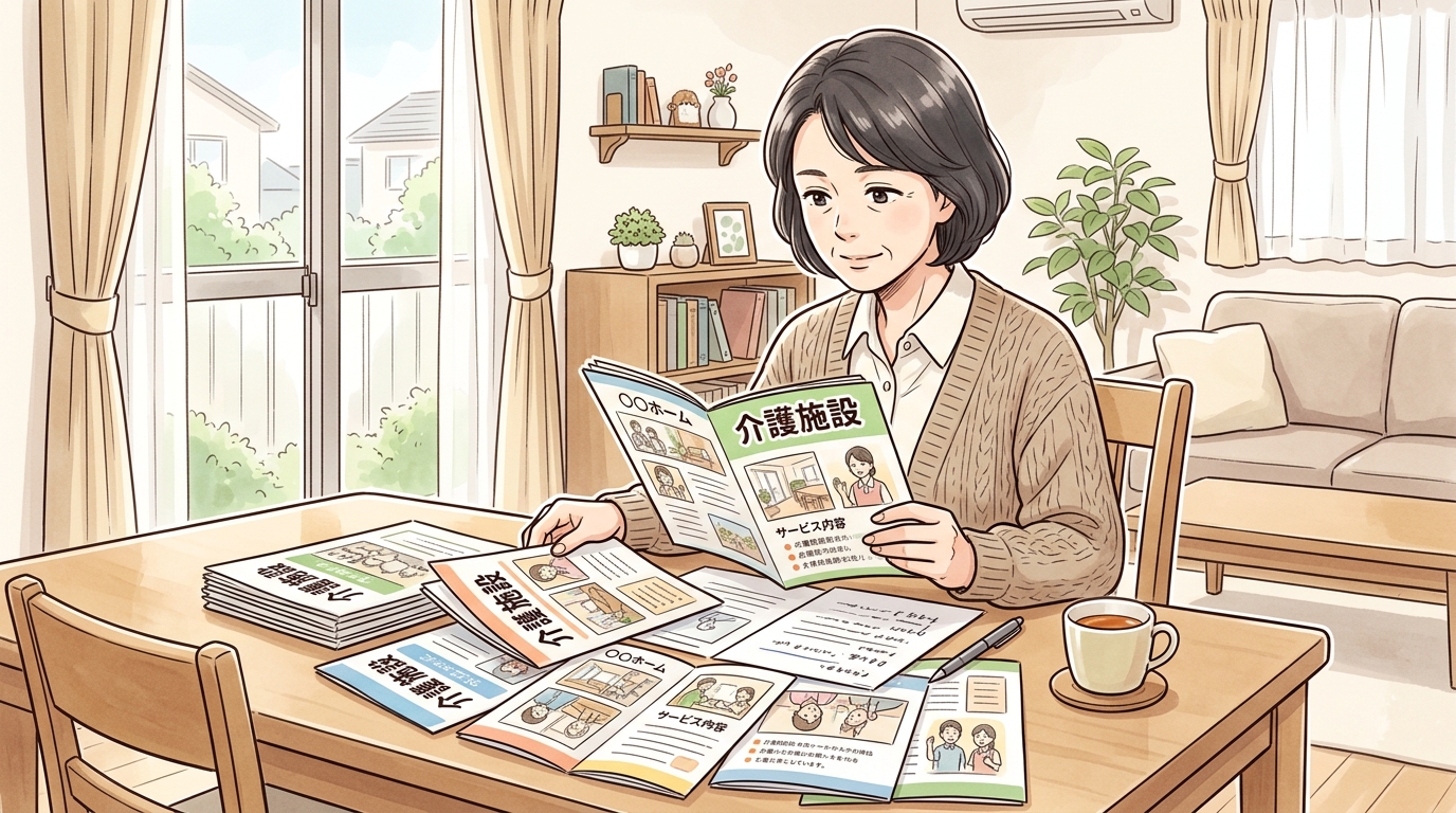 取り寄せた介護施設のパンフレットや資料を机に広げて比較検討する女性