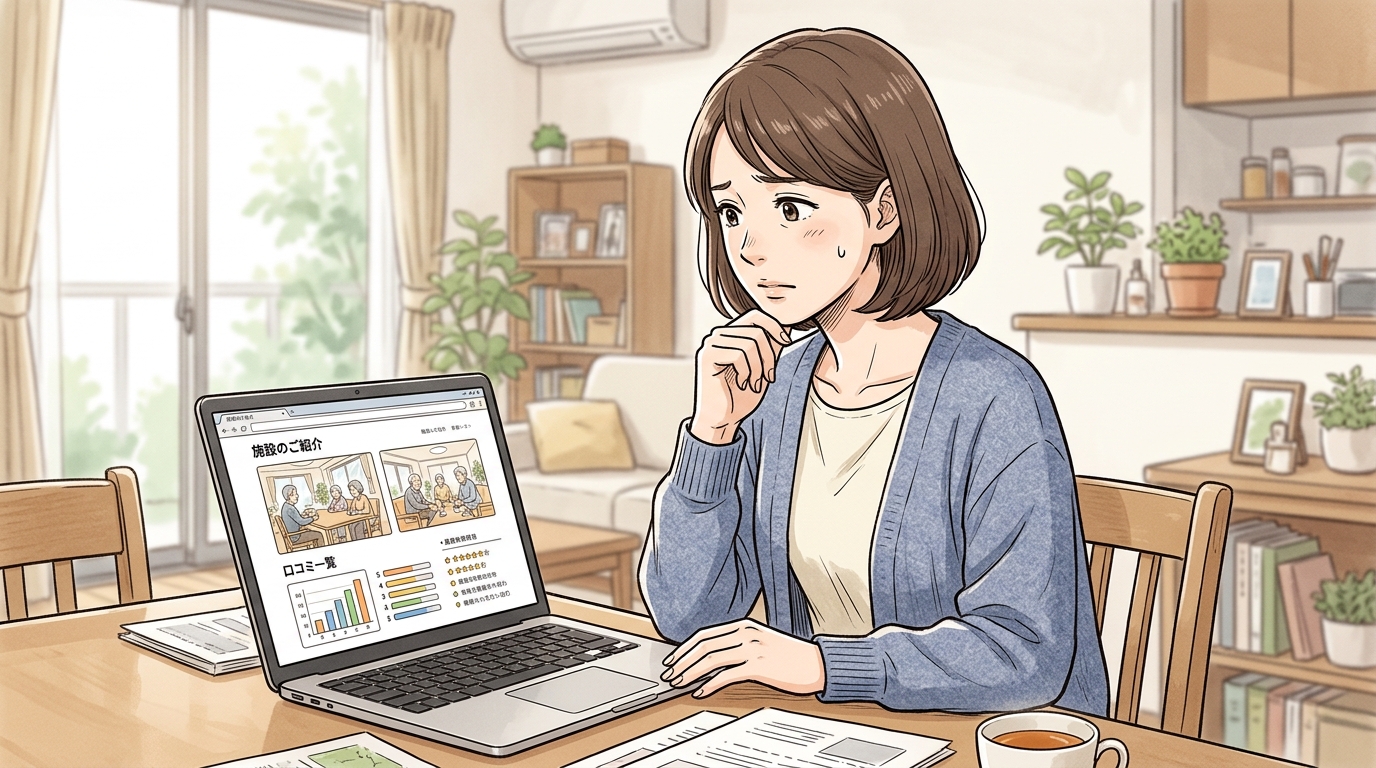 介護施設探しに悩み、パソコンで評判や情報を調べている女性
