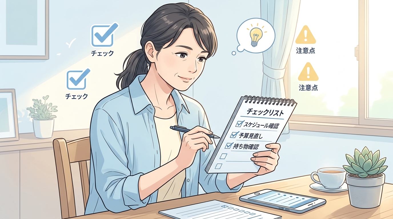 いい介護利用時の注意点や予算のチェックポイントを確認する女性